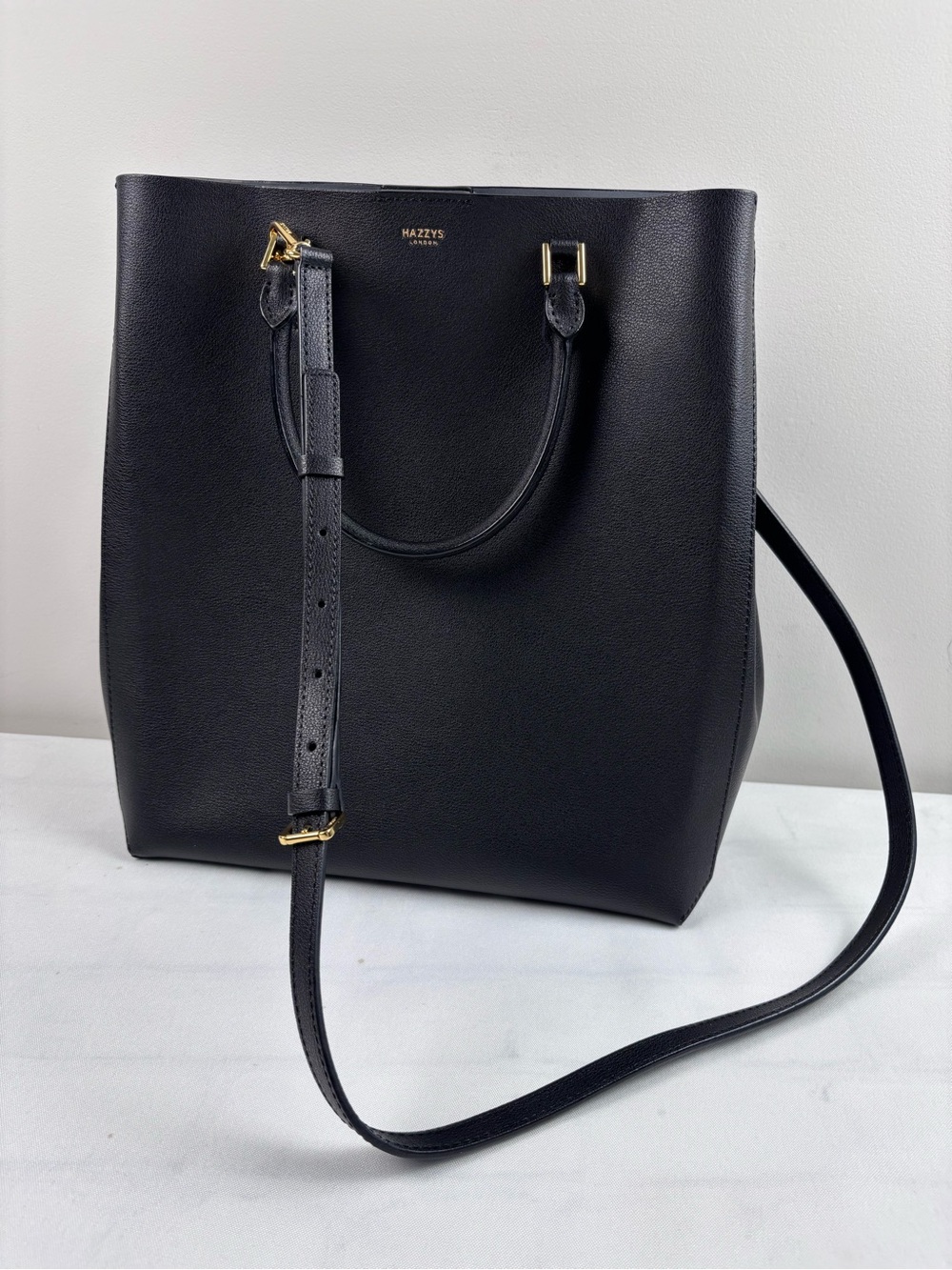 HAZZYS LONDON Black Saffiano Faux Leather Crossbody Tote Bag Gold Hardware